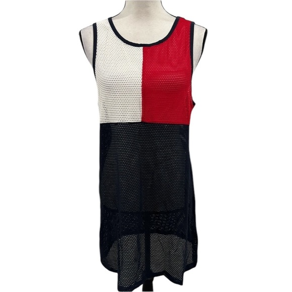 Tommy Hilfiger Mesh Swim Dress Cover Up Color Block Navy Blue Red White NWT - Picture 4 of 6